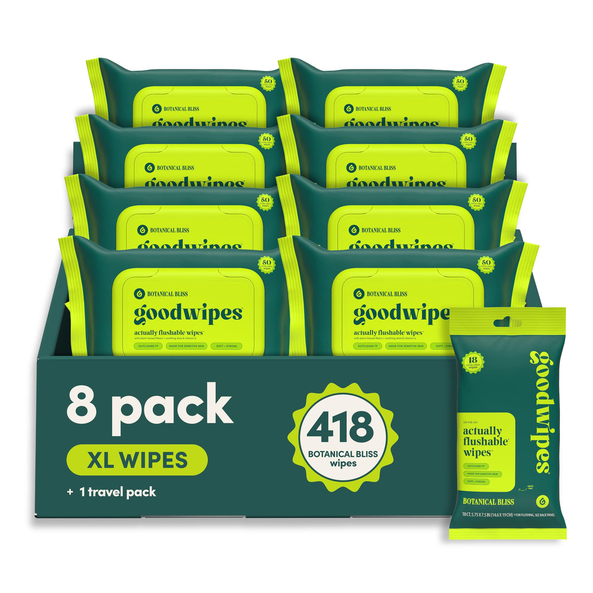 goodwipes Flushable Wipes - Botanical Bliss, 418 Wipes (8 Pack + 1 Travel)
