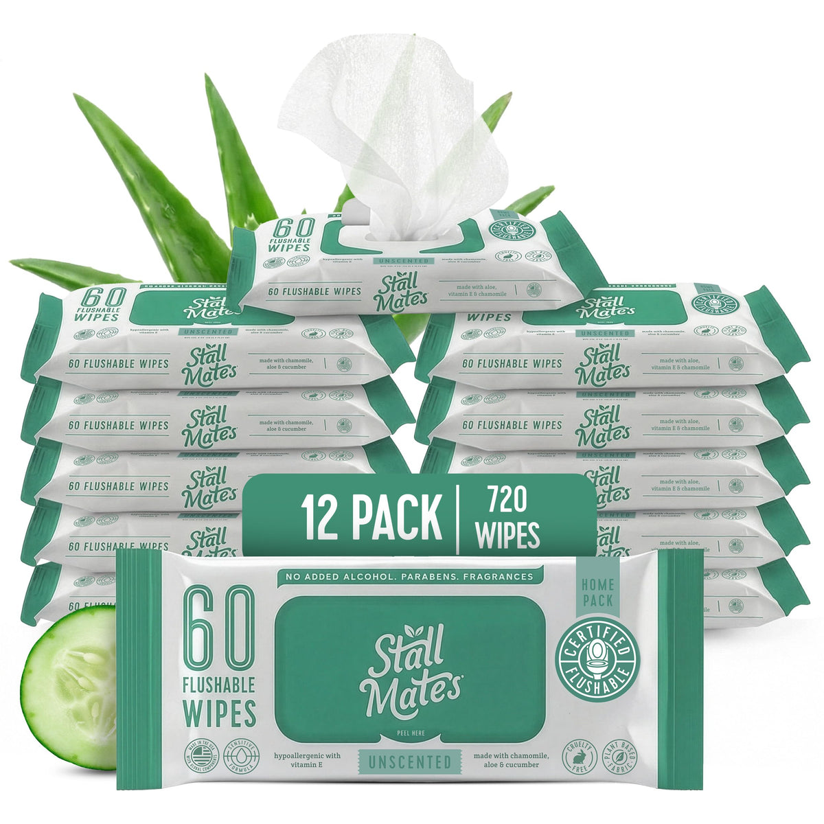 Stall Mates Flushable Wipes, 60-Wipe Home Pack, Unscented, 4 Pack