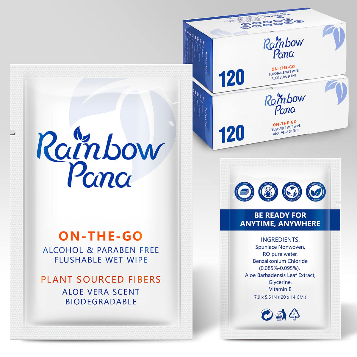 RainbowPana Flushable Wipes - 120 Count, ON-THE-GO Individually Wrapped - Travel Butt Wipes for Men and Women, Family - Infused with Vitamin E and Natural Aloe, pH Balanced, Paraben/Fragrance/Alcohol Free, 100% Plant Sourced Fibers - Cleanse and Moisturiz