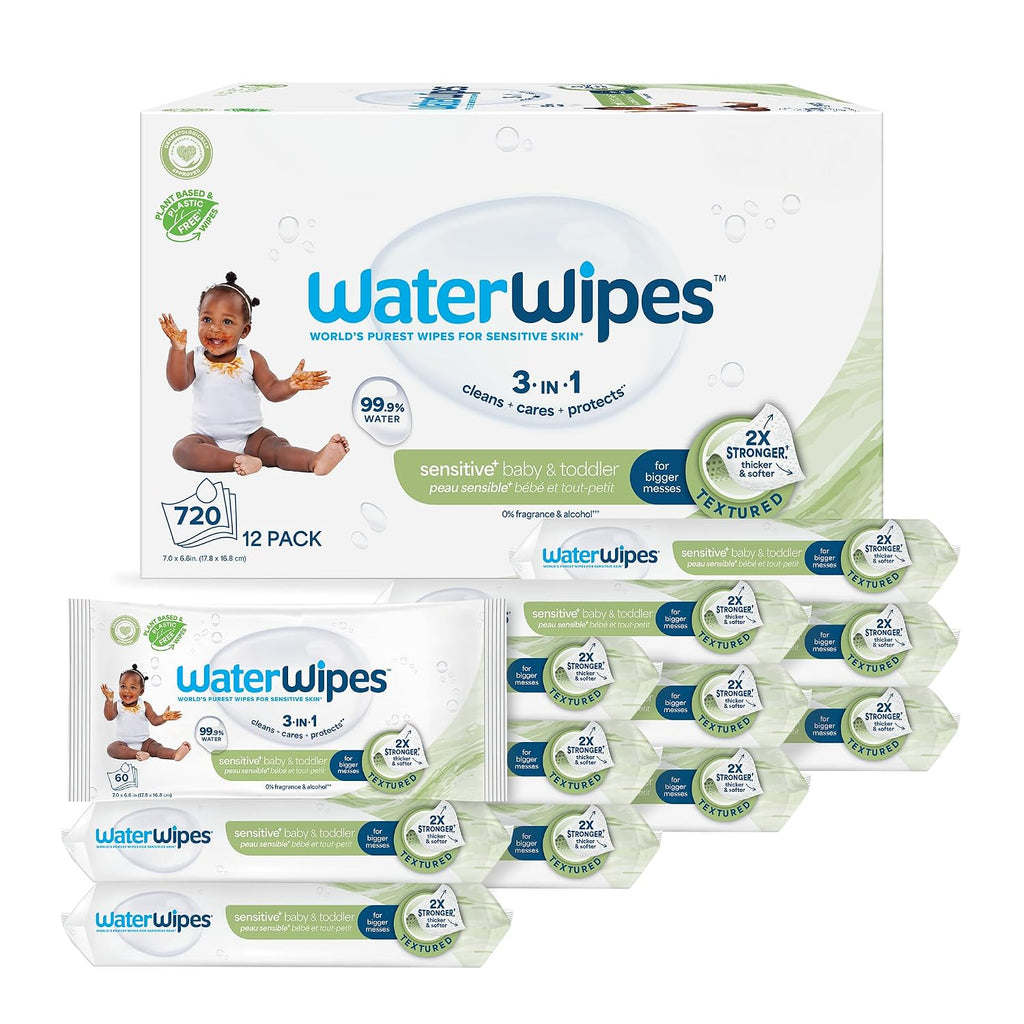 WaterWipes Sensitive+ Baby & Toddler Wipes, 3-In-1 Cleans, Cares, Protects, 99.9% Water, Textured Clean, Unscented & Hypoallergenic, 720 Count (12 Packs)