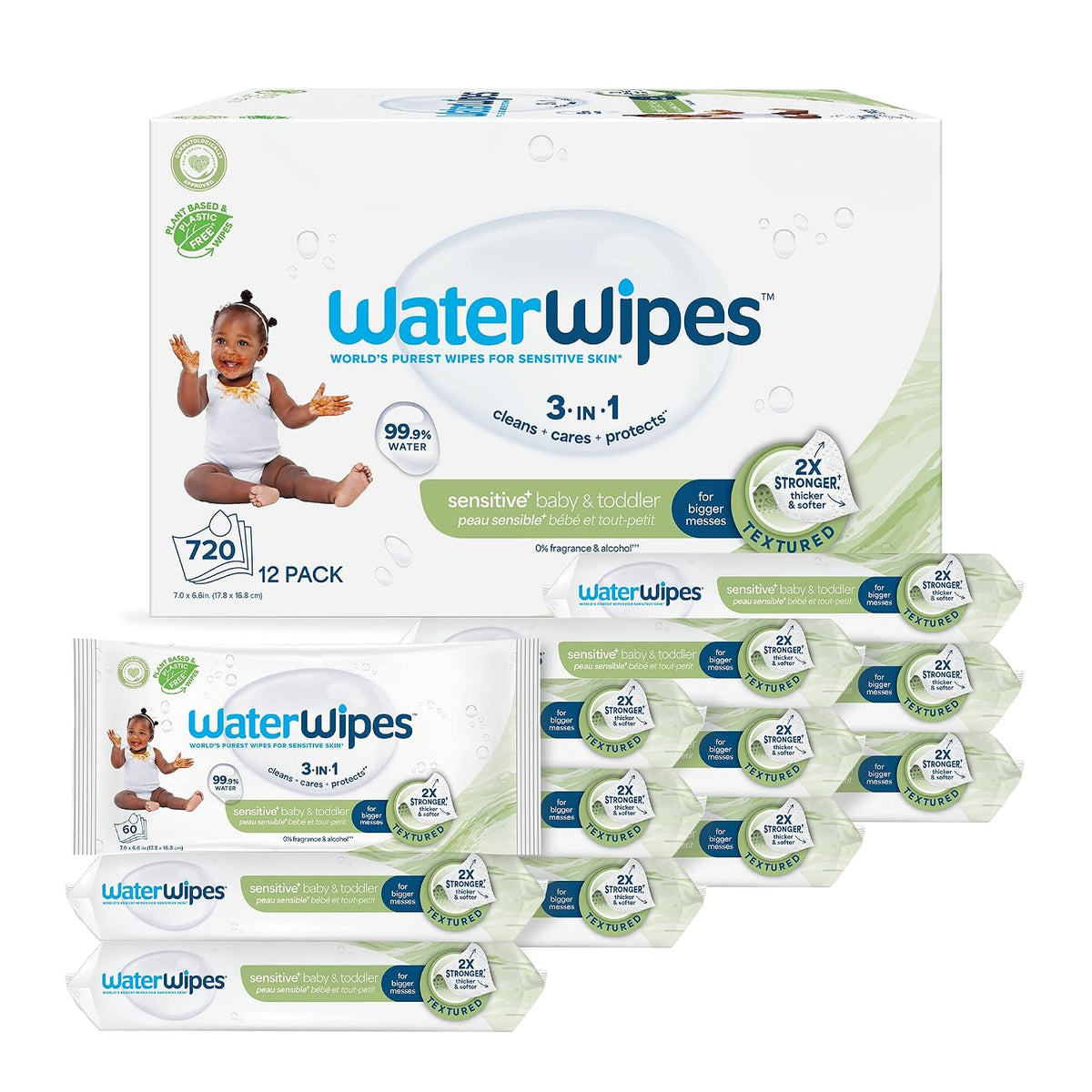 WaterWipes Sensitive+ Baby & Toddler Wipes, 3-In-1 Cleans, Cares, Protects, 99.9% Water, Textured Clean, Unscented & Hypoallergenic, 720 Count (12 Packs)