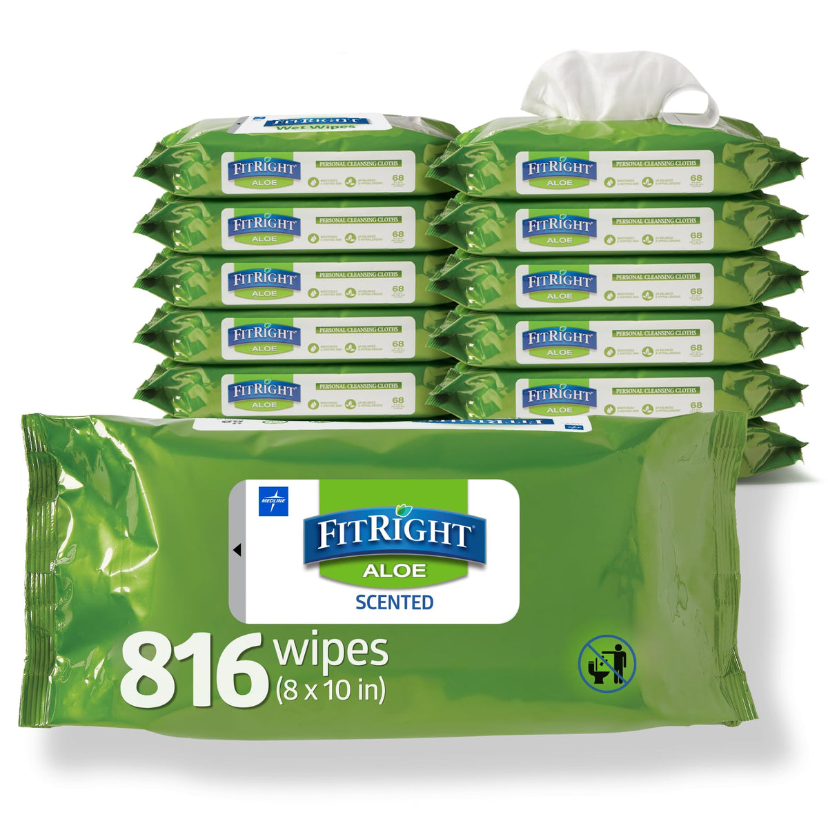 FitRight Personal Cleansing Wipes with Aloe 8x10 Unscented 600 Count