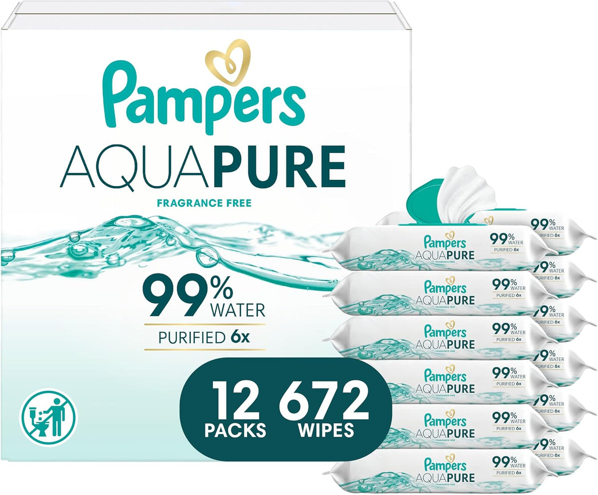 Pampers Aqua Pure Baby Wipes, 99% Water, Fragrance Free, Unscented, Water Based, Multi-Use, 672 Wipes Total (12X Flip-Top Packs) [Packaging May Vary]