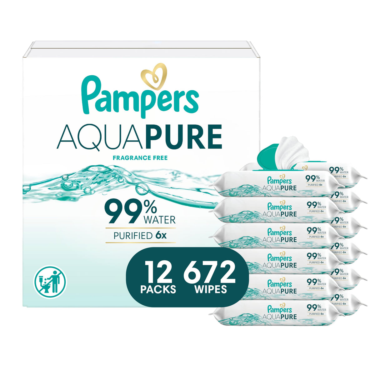 Pampers Aqua Pure Baby Wipes, 99% Water, Fragrance Free, Unscented, Water Based, Multi-Use, 672 Wipes Total (12X Flip-Top Packs) [Packaging May Vary]