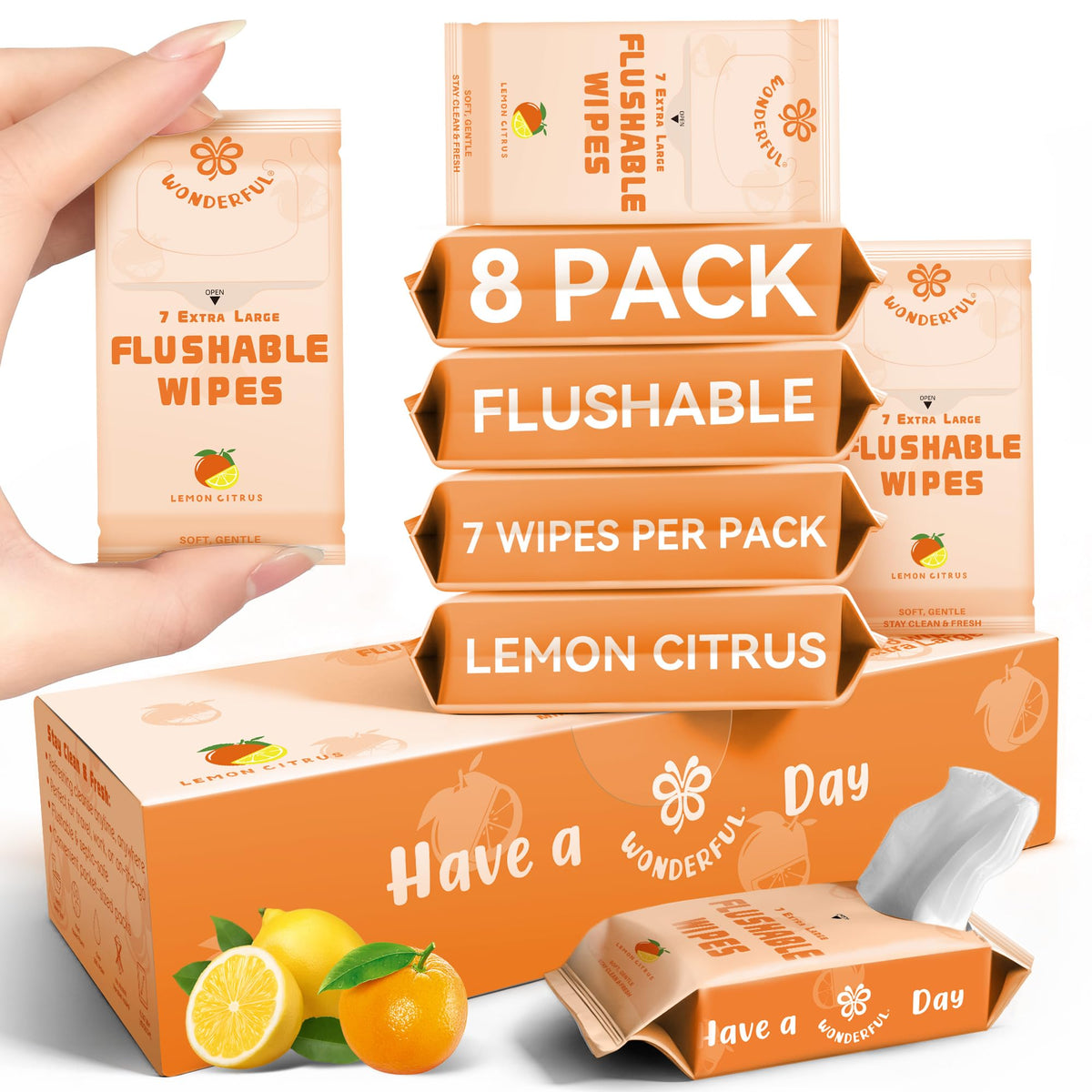 WONDERFUL Travel Flushable Wipes, 8 Mini Packs, Unscented Plant-Based Wet Wipes for Adults & Kids, Septic Safe, Gentle for Sensitive Skin & Hypoallergenic (Total 56 Wipes)