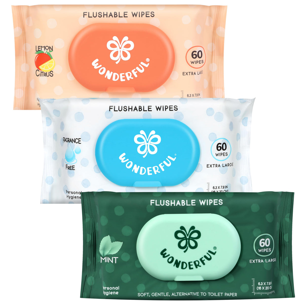 WONDERFUL Flushable Wipes, Unscented 100% Plant-Based Wet Butt Wipe for Adults & Kids, Sewer Septic Safe, Gentle for Sensitive Skin, Wipes Flushable Pack for Bathroom & Travel, 6-Pack (360 Count)