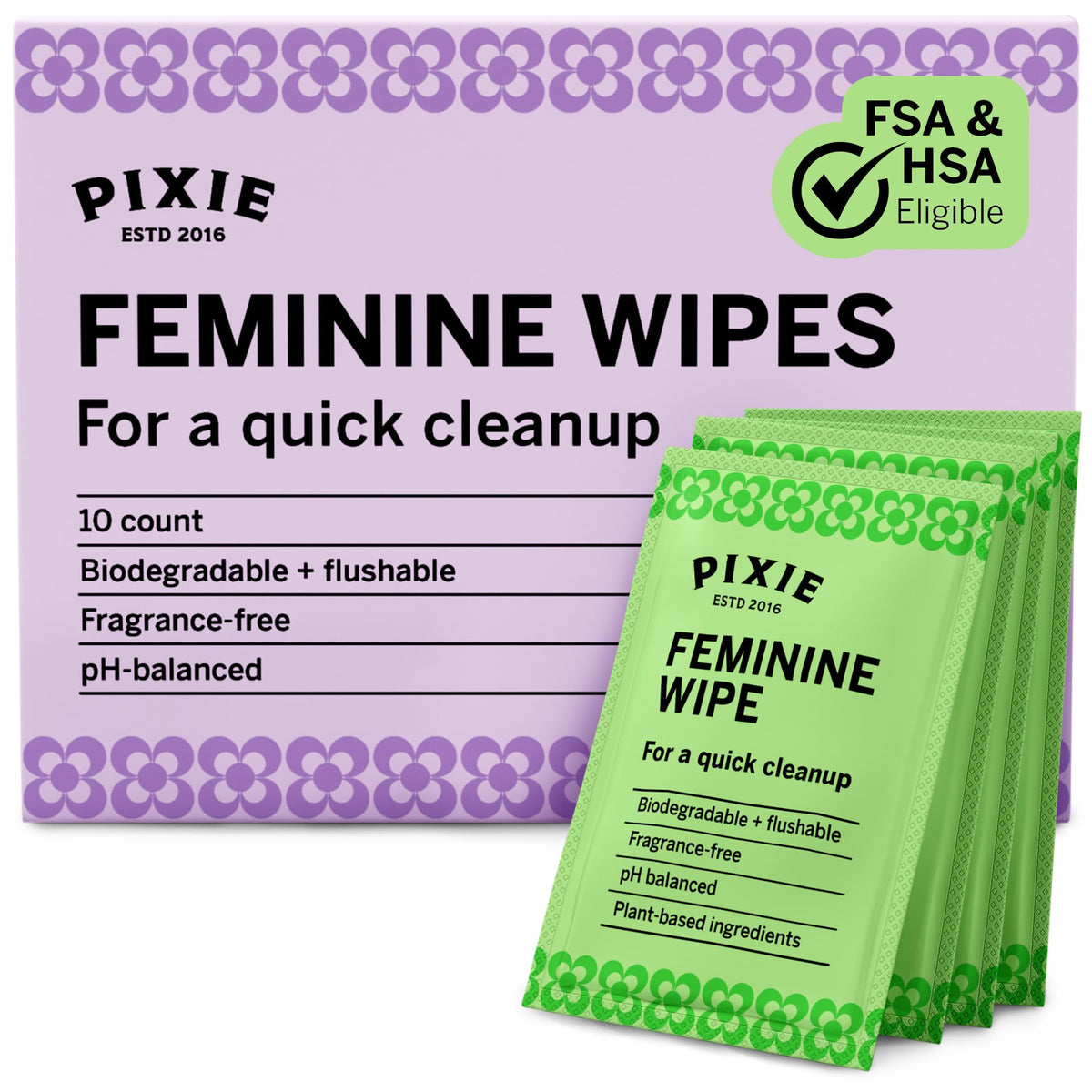 Pixie Feminine Wipes – Naturally Scented Rosewater + White Tea – Flushable, Biodegradable & pH Balanced – Individually Wrapped Wipes for On The Go – Cleaner for Menstrual Cups & Discs (20 Count)