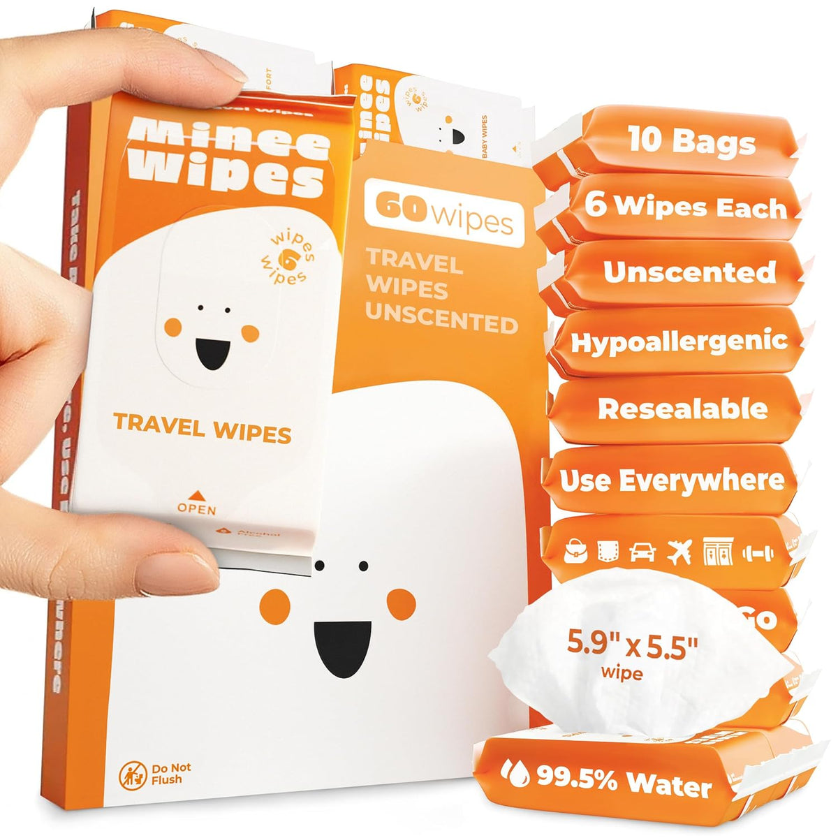 Impossibly Compact Travel Wipes - 99.5% Water - Safe for Sensitive Skin & Hypoallergenic, Resealable, Thick & Durable - For Adults & Kids - Unscented, 10 Pack Total 60 Wipes