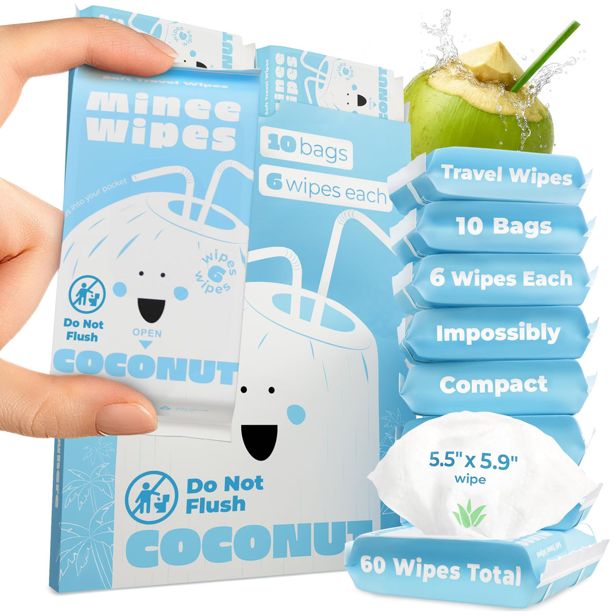 Impossibly Compact Travel Wipes - 99.5% Water - Safe for Sensitive Skin & Hypoallergenic, Resealable, Thick & Durable - For Adults & Kids - Unscented, 10 Pack Total 60 Wipes