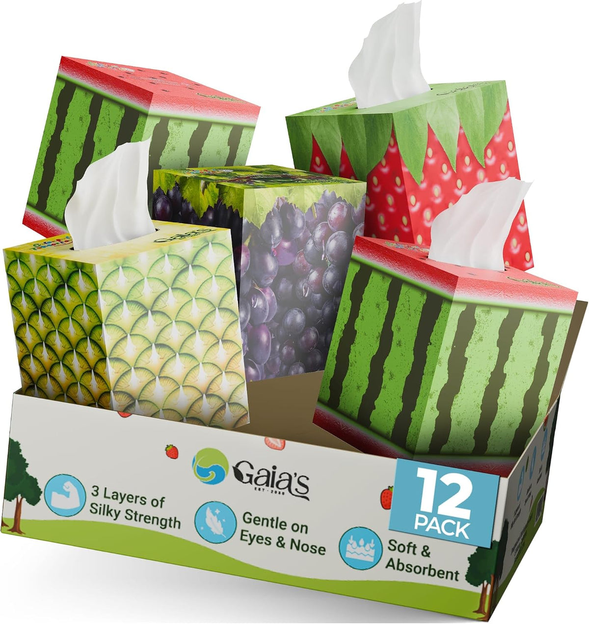 Gaias Premium Bamboo Facial Tissues, 12 fruit boxes, 3 Ply, 80 Sheets/Box - Made From Bamboo, Zero Plastic Packaging, Eco-Friendly, Sustainable, Non-Lotion