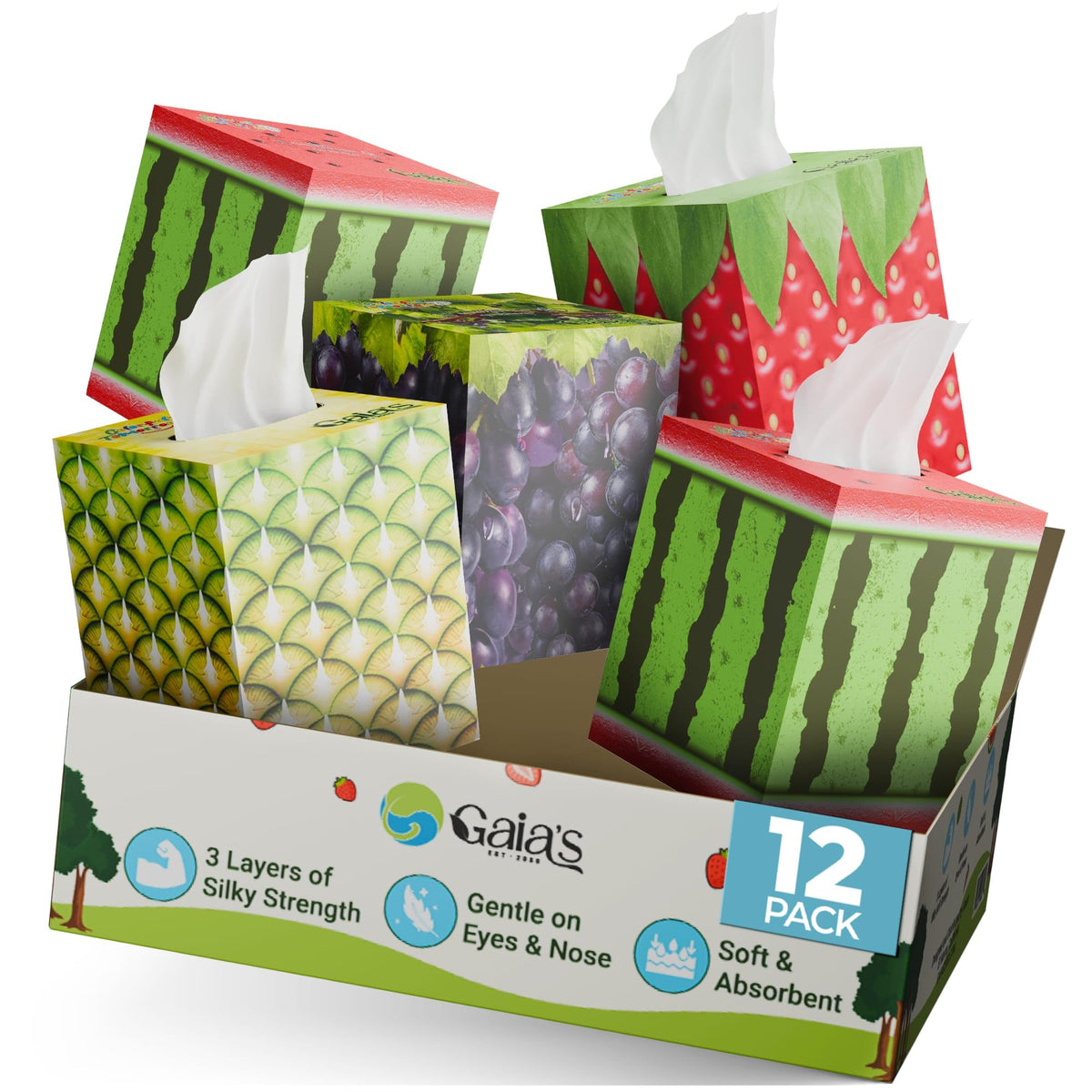 Gaias Premium Bamboo Facial Tissues, 12 fruit boxes, 3 Ply, 80 Sheets/Box - Made From Bamboo, Zero Plastic Packaging, Eco-Friendly, Sustainable, Non-Lotion