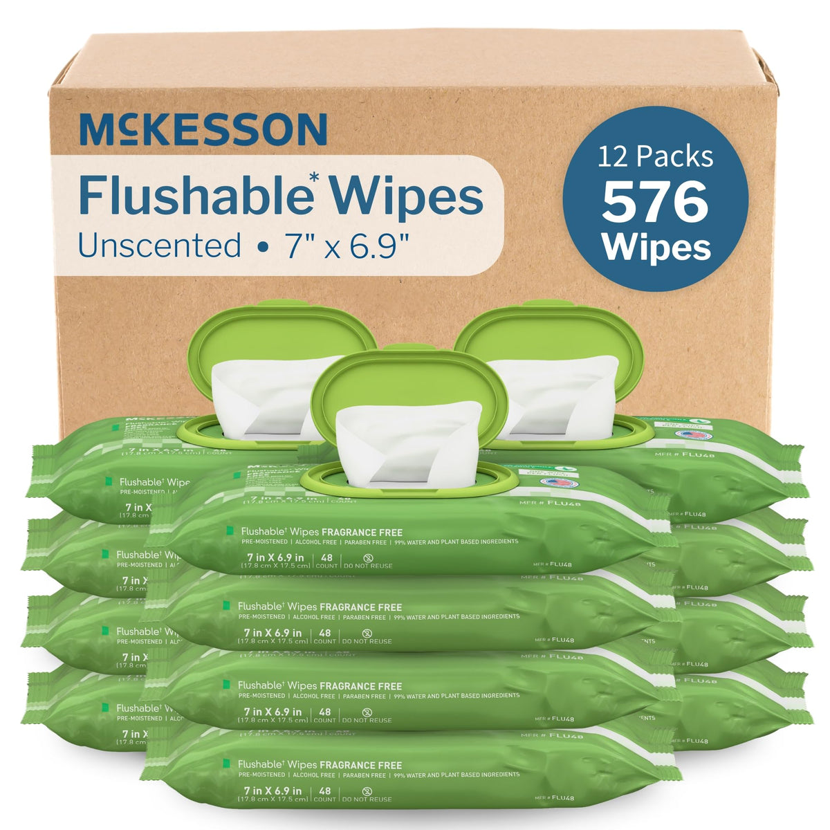 McKesson Flushable Adult Wet Wipes, Scented, 576 Wipes (12 Pack of 48)