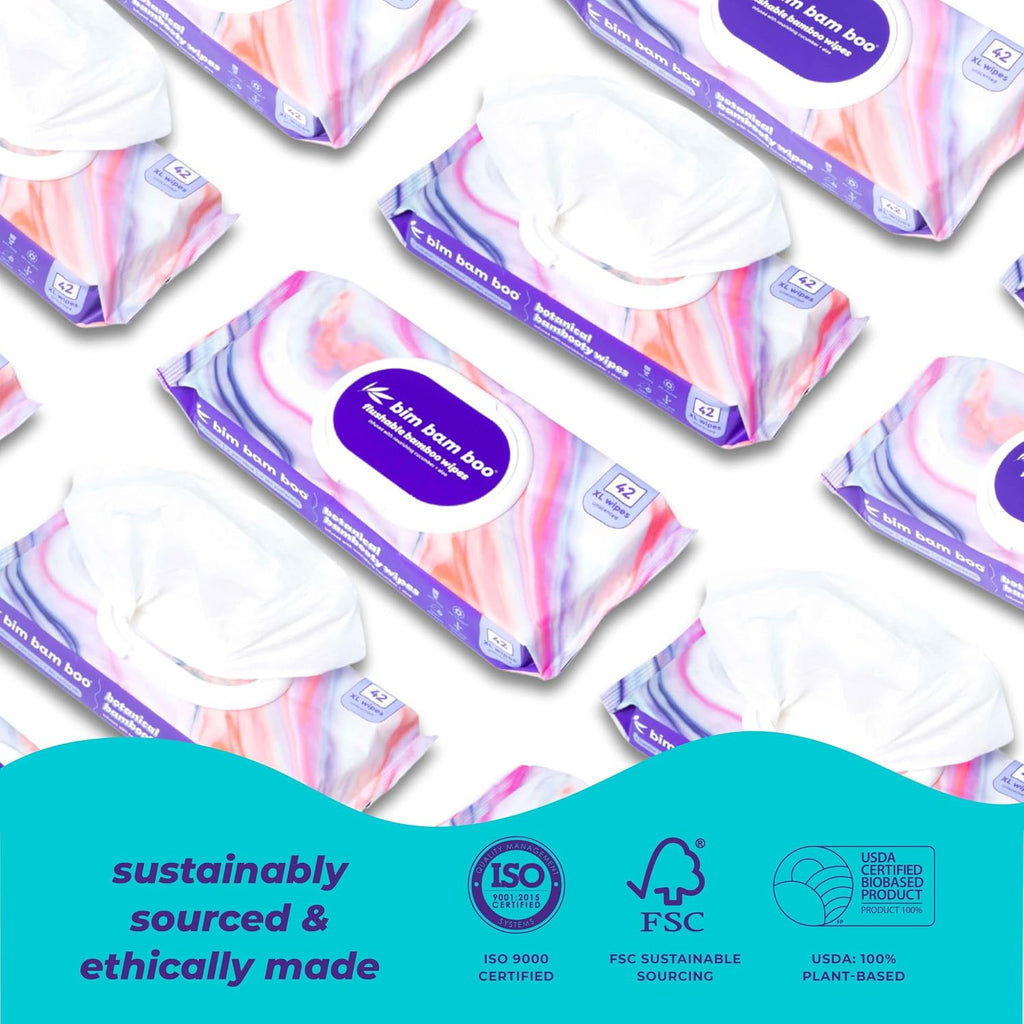 Bim Bam Boo | Flushable Wet Wipes | 100% Plant Based | Extra-Large Size Durable Bamboo | Body Safe, Smooth on Skin, Hypoallergenic | 42 Wipes Per Pouch - 8 Pouches | 366 Total Wipes