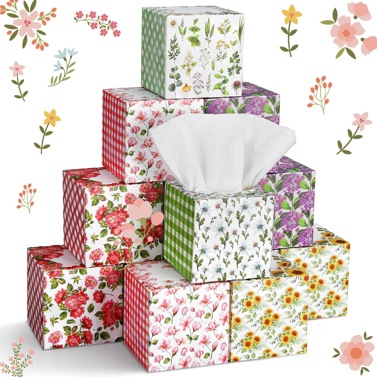Fourluoo 12 Pack Fall Floral Facial Tissue Cube Boxes, 600 Sheet 3 Ply