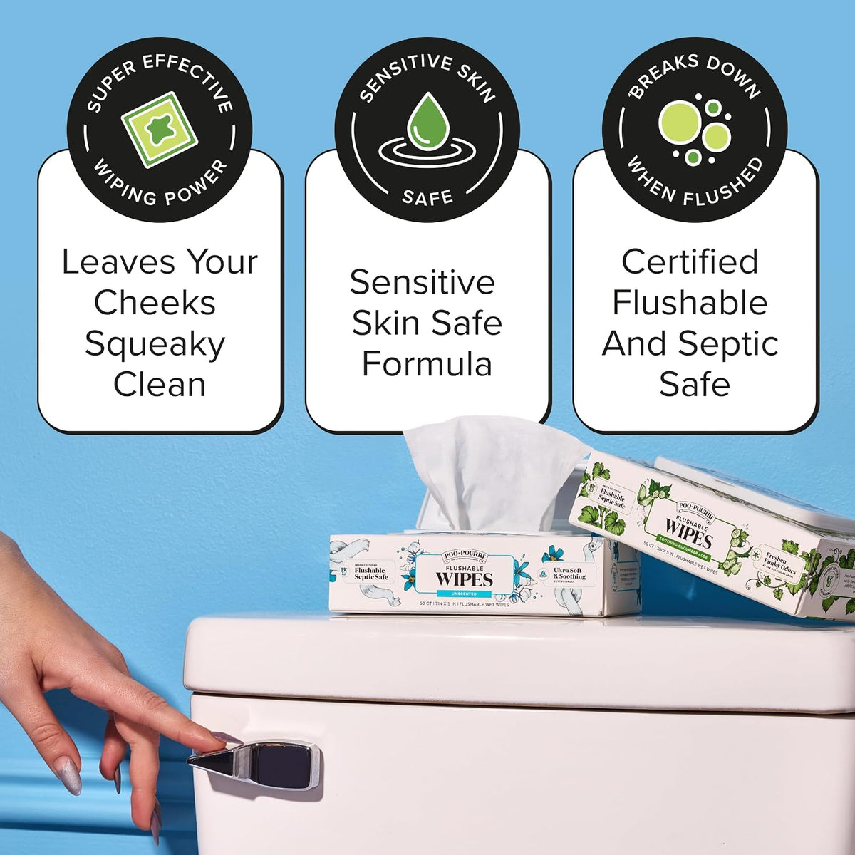 Poo~Pourri Flushable Wipes, Cucumber Aloe, 3-pack Dispensers, 150 Total