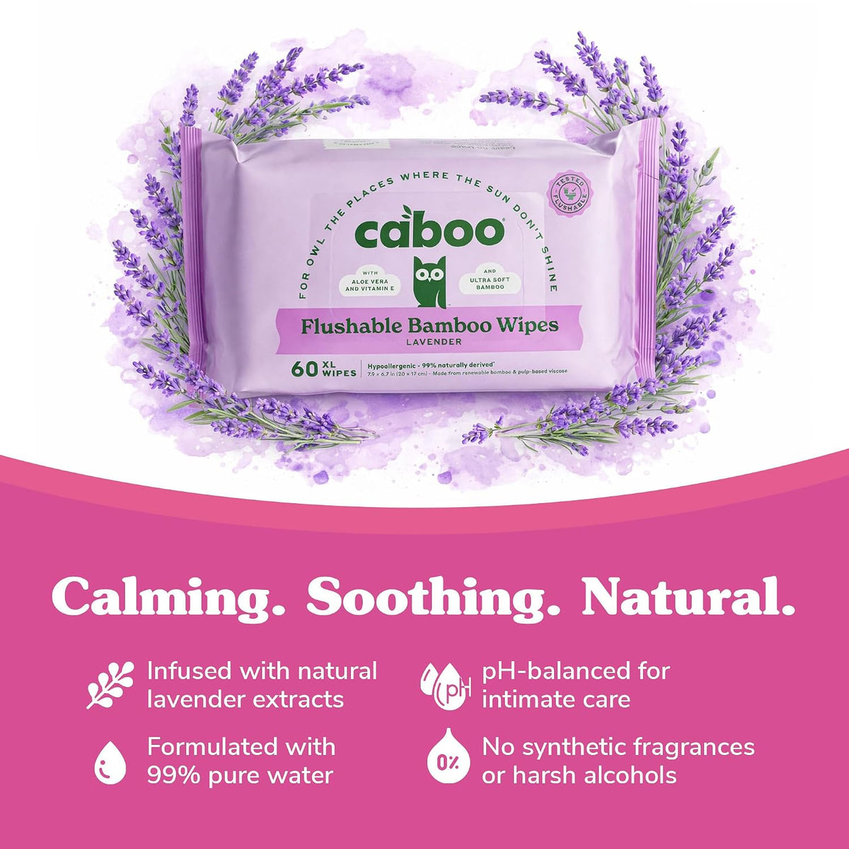 Caboo Tree Free Lavender Flushable Wipes, Septic Safe, 180 Wipes