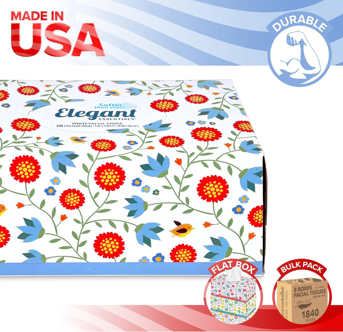 Premium Bulk Tissues, 8 Boxes of 230 Count, 2-Ply Soft Facial Tissues for Offices or School, Made in the USA, 1840 Total Count Bulk Face & Nose Tissue Paper for Home or Professional Use