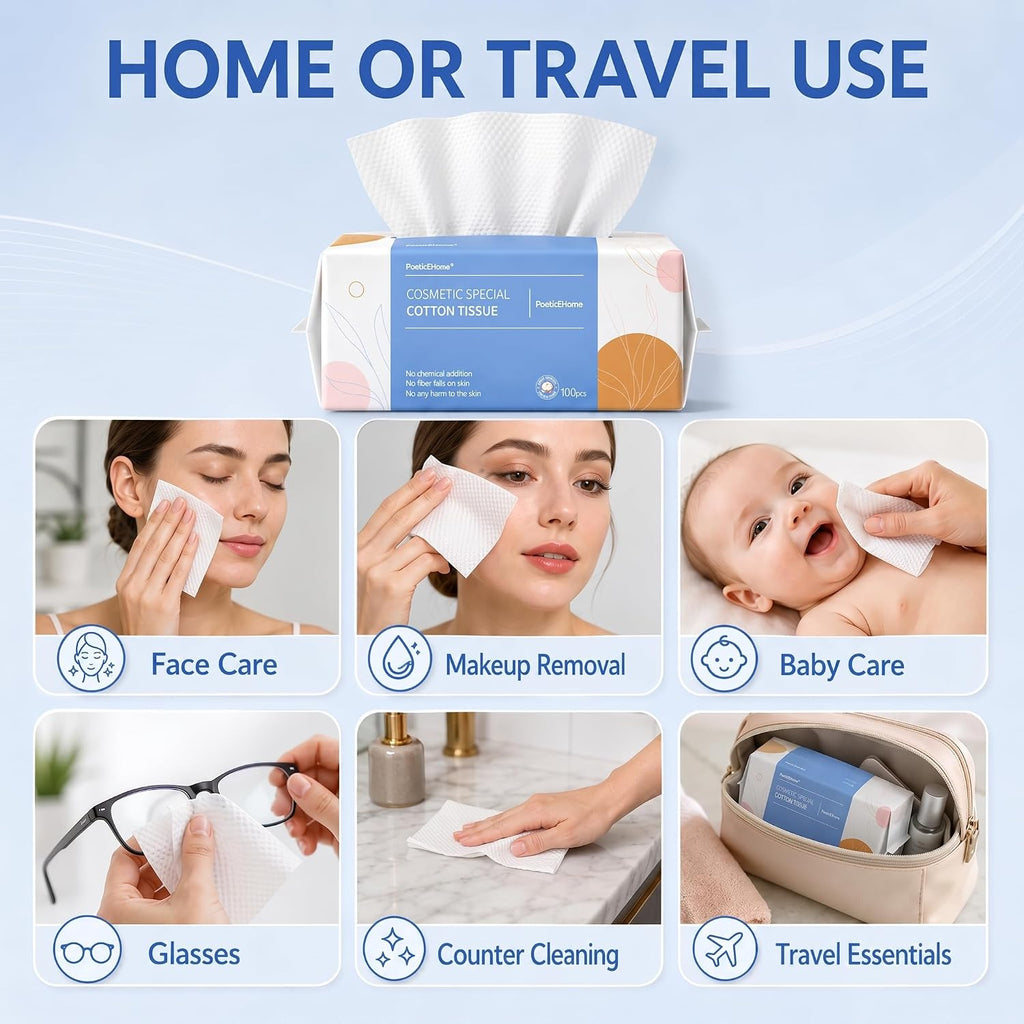 PoeticEHome Disposable Face Towels, Soft Dry Wipes, 6 Pack, 600 Count