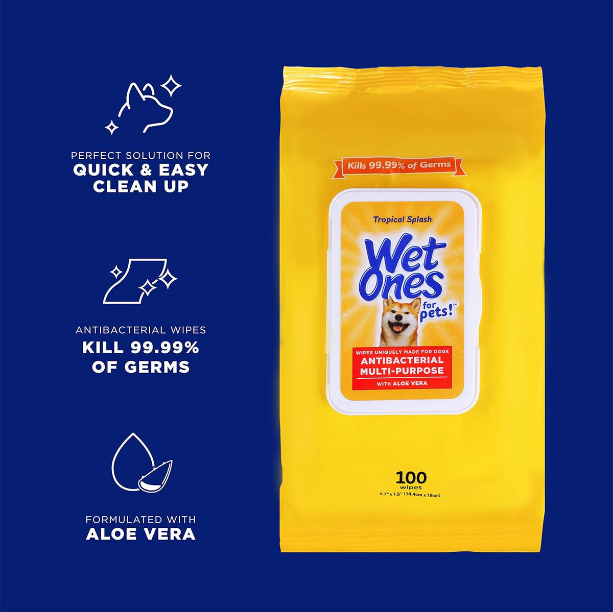 Wet Ones for Pets Multipurpose Dog Wipes with Aloe Vera, Tropical Splash Scent - Pet Bathing Wipes with Wet Lock Seal for Dog Paws and All-Over Use, 100 Count - 3 Pack