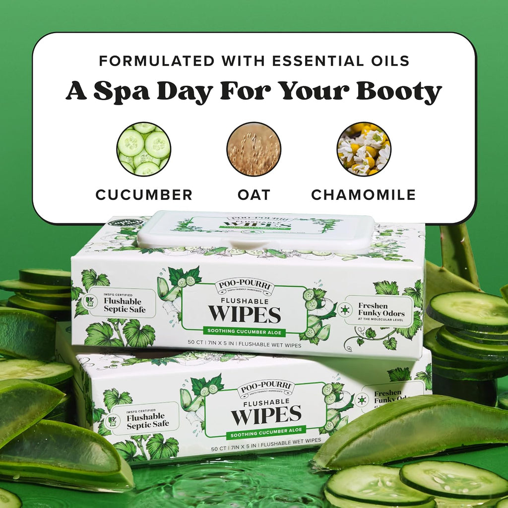 Poo~Pourri Flushable Wipes, Cucumber Aloe, 50 Count Dispenser Box