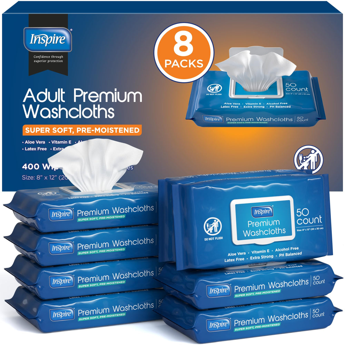 Inspire Adult Wet Wipes, Wash Cloths | Adult Wipes for Incontinence & Cleansing for Elderly, 8"x12" Count 12 packs of 50