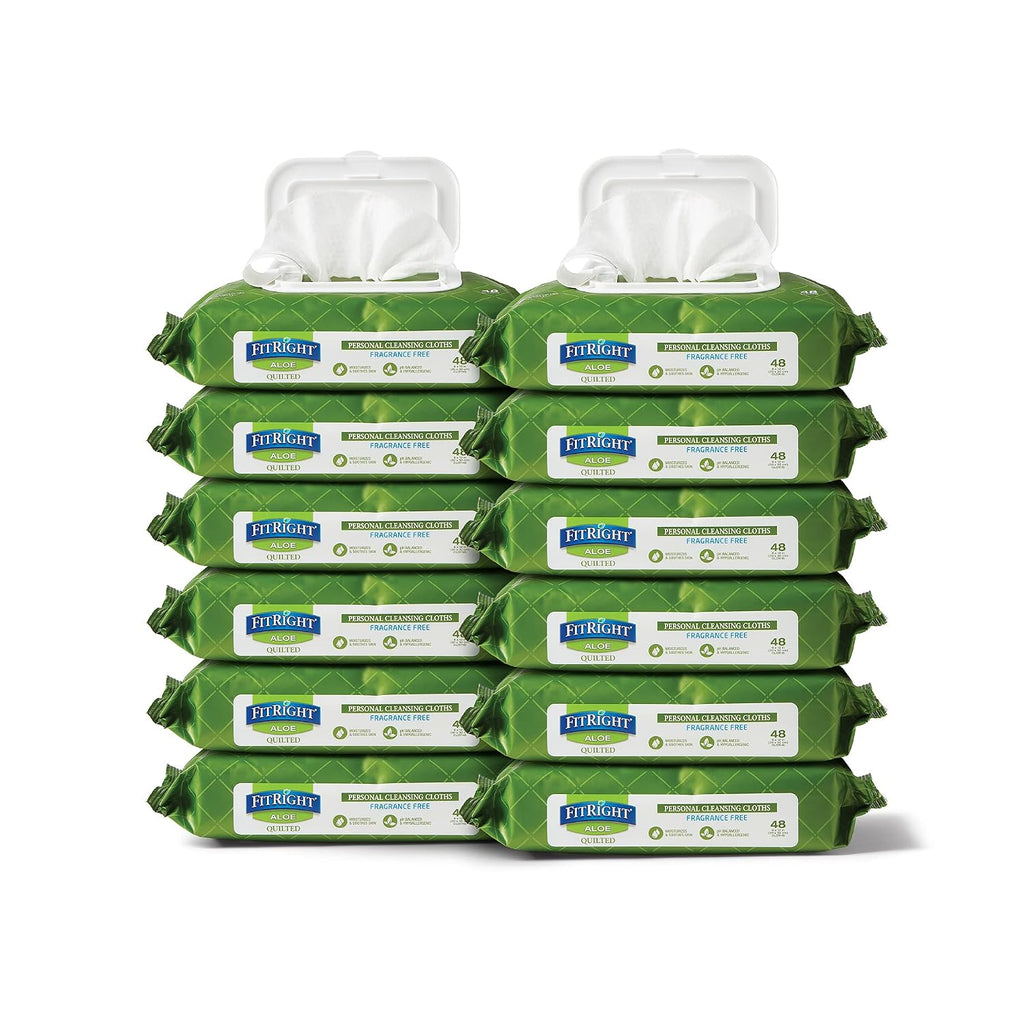 FitRight Aloe Quilted Heavyweight Personal Cleansing Cloth Wipes, Unscented, 576 Count, 8 x 12 inch Adult Large Incontinence Wipes