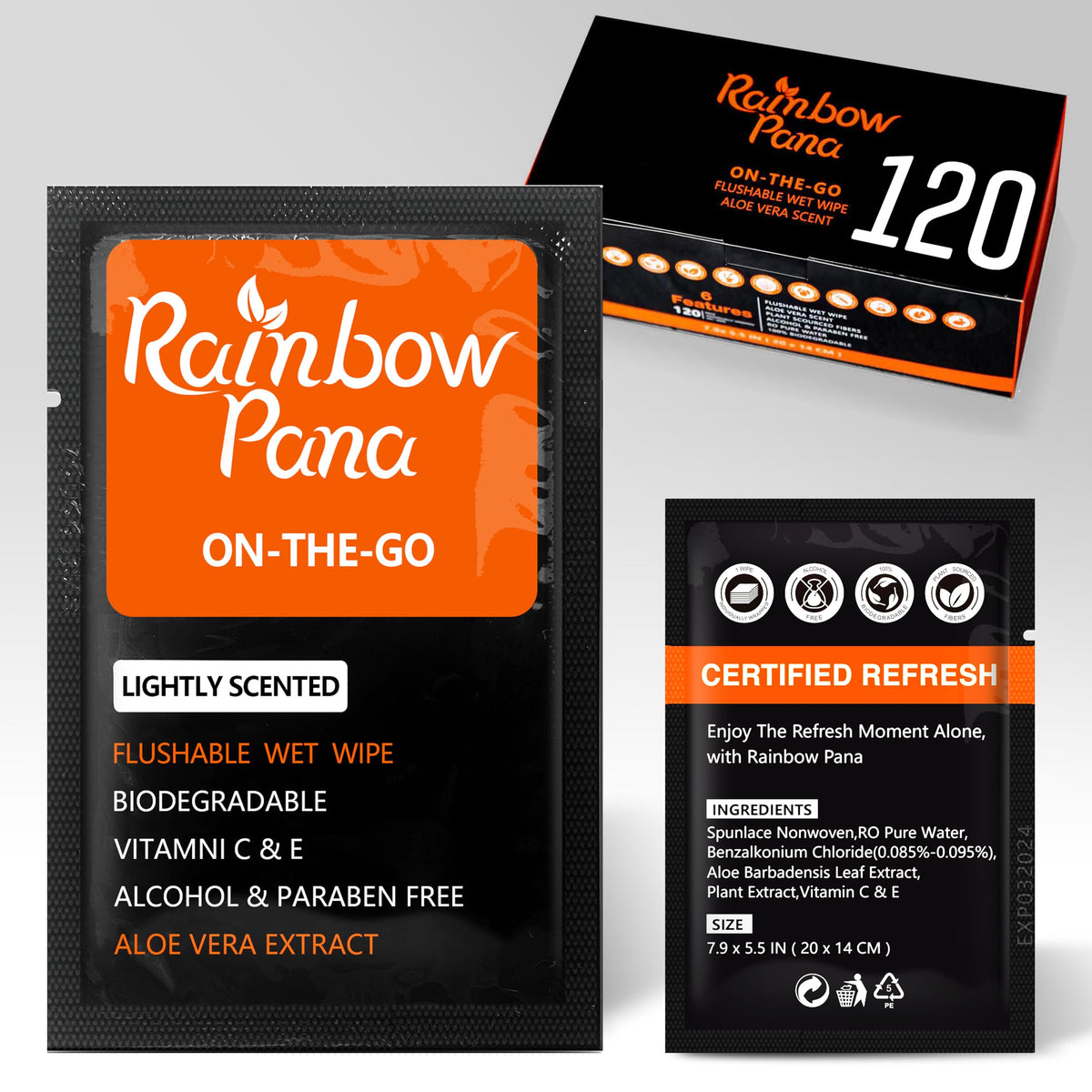 RainbowPana Flushable Wipes - 120 Count, ON-THE-GO Individually Wrapped - Travel Butt Wipes for Men and Women, Family - Infused with Vitamin E and Natural Aloe, pH Balanced, Paraben/Fragrance/Alcohol Free, 100% Plant Sourced Fibers - Cleanse and Moisturiz