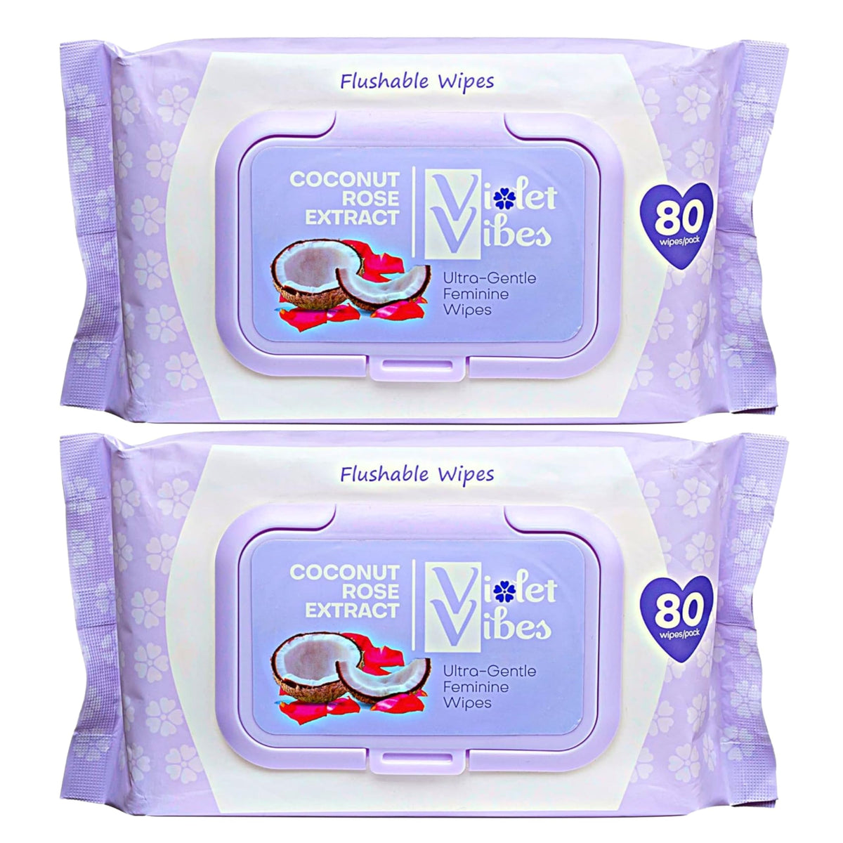 Violet Vibes Flushable Wipes for Women - Coconut Rose, 400 Count, Plant Based, Gentle on Sensitive Skin