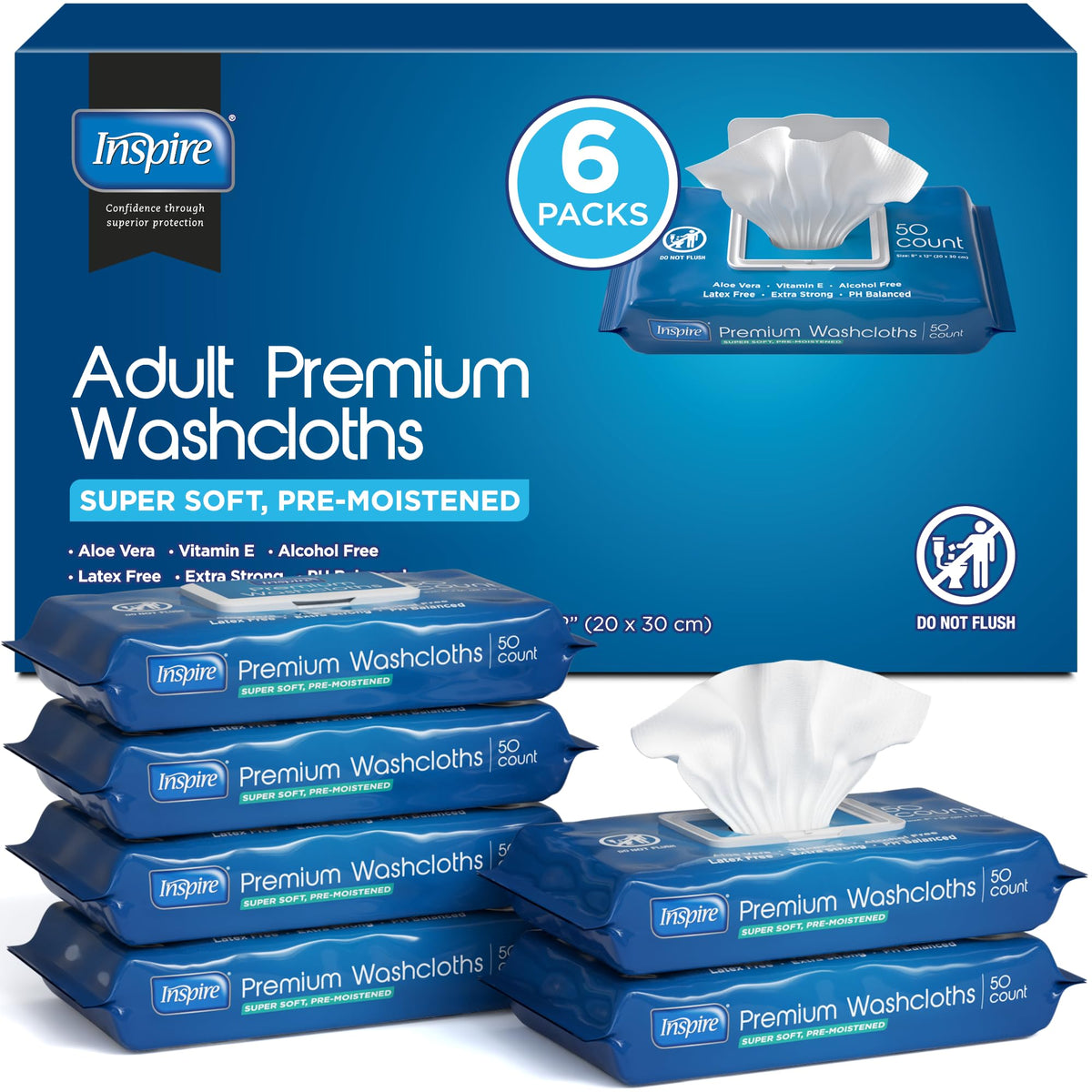Inspire Adult Wet Wipes, Wash Cloths | Adult Wipes for Incontinence & Cleansing for Elderly, 8"x12" Count 12 packs of 50
