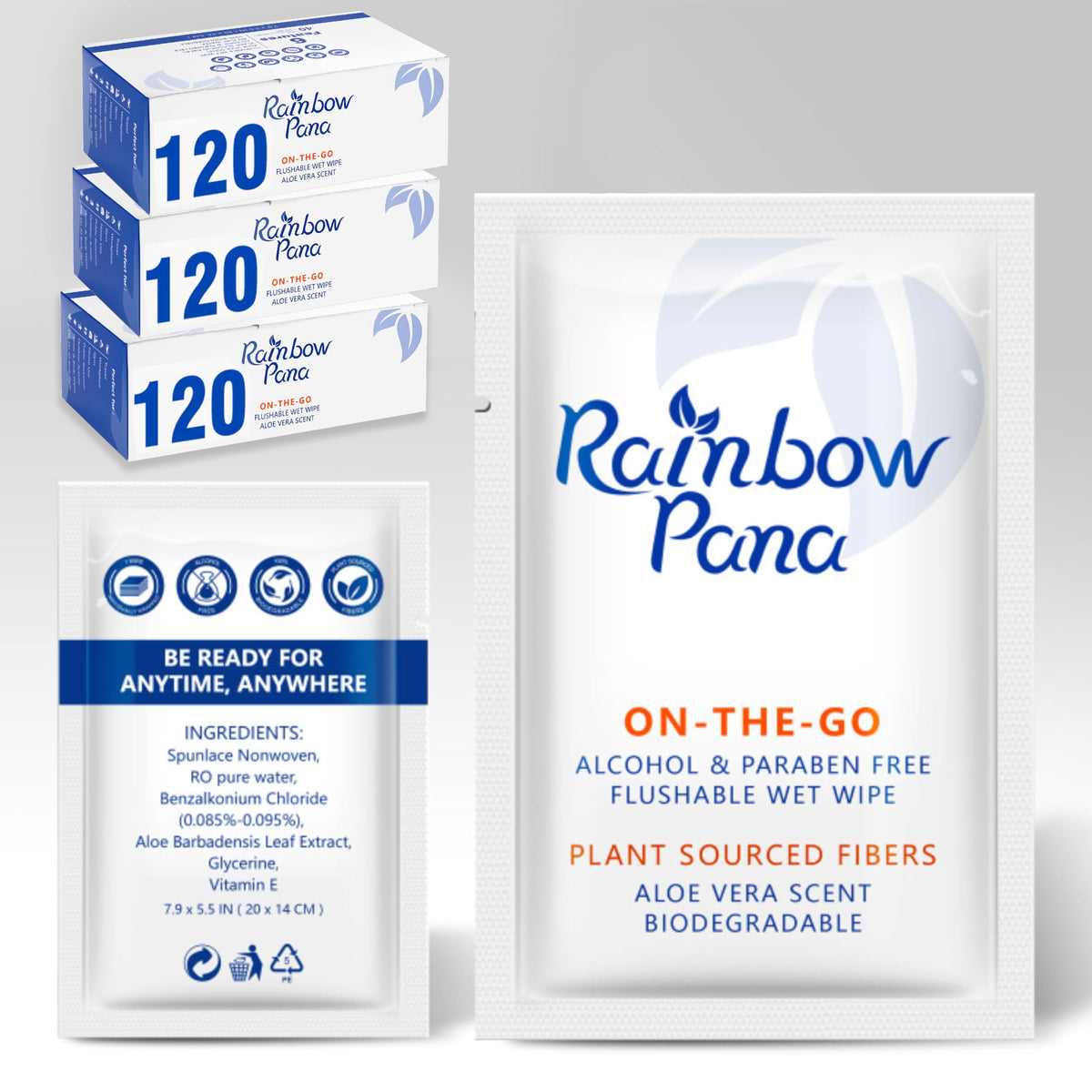 RainbowPana Flushable Wipes - 120 Count, ON-THE-GO Individually Wrapped - Travel Butt Wipes for Men and Women, Family - Infused with Vitamin E and Natural Aloe, pH Balanced, Paraben/Fragrance/Alcohol Free, 100% Plant Sourced Fibers - Cleanse and Moisturiz