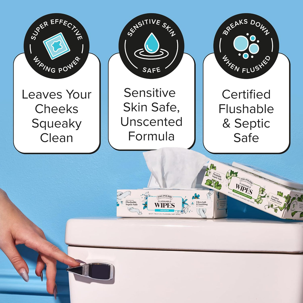 Poo~Pourri Flushable Wipes, Unscented, 50 Count Dispenser Box