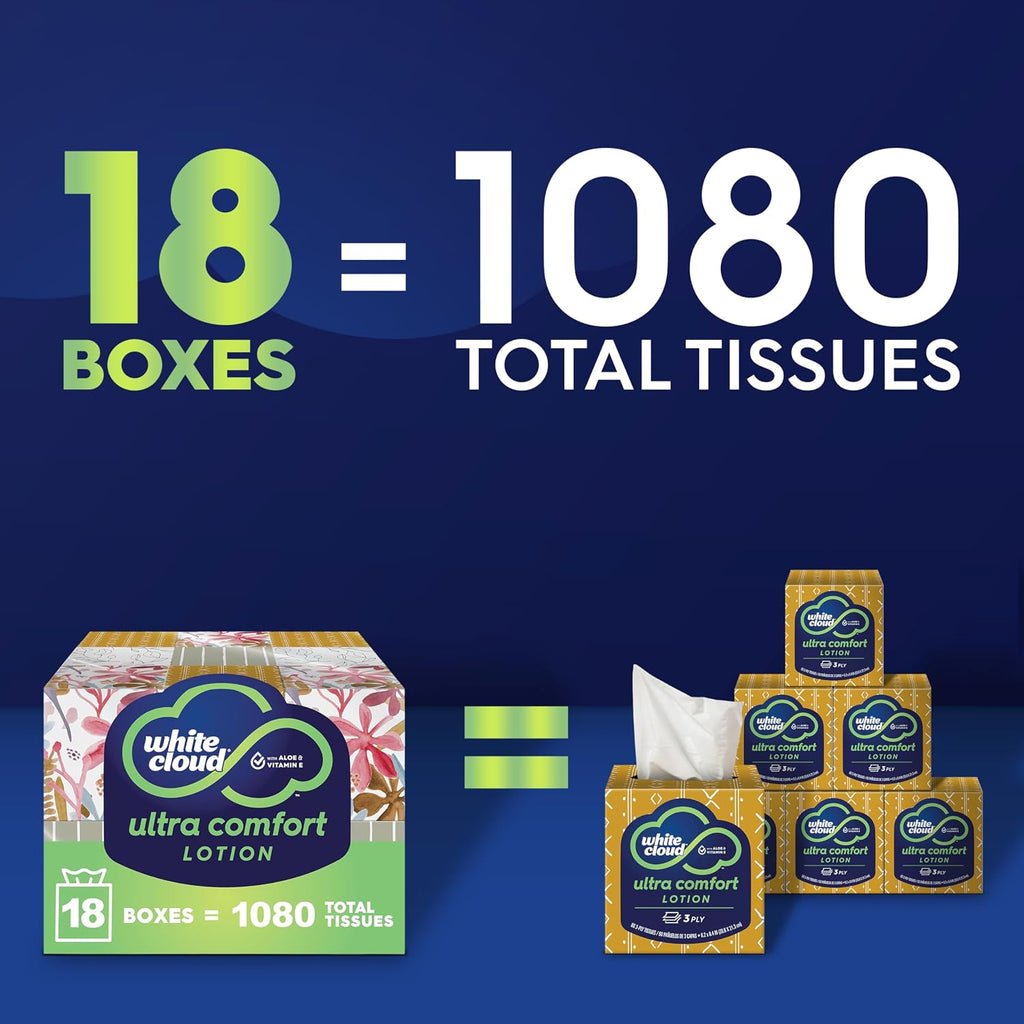 White Cloud Ultra Comfort Lotion 3-Ply Facial Tissue, 18 Box Pack