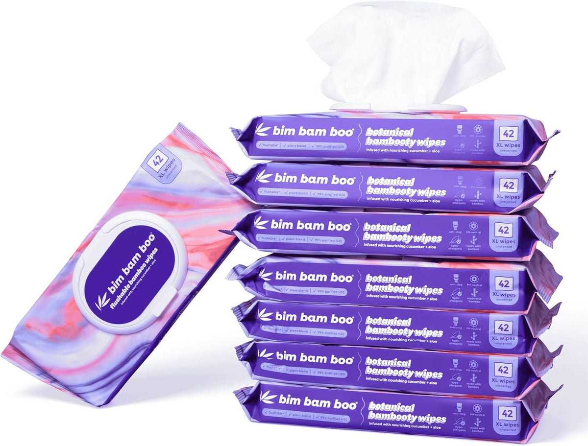 Bim Bam Boo | Flushable Wet Wipes | 100% Plant Based | Extra-Large Size Durable Bamboo | Body Safe, Smooth on Skin, Hypoallergenic | 42 Wipes Per Pouch - 8 Pouches | 366 Total Wipes