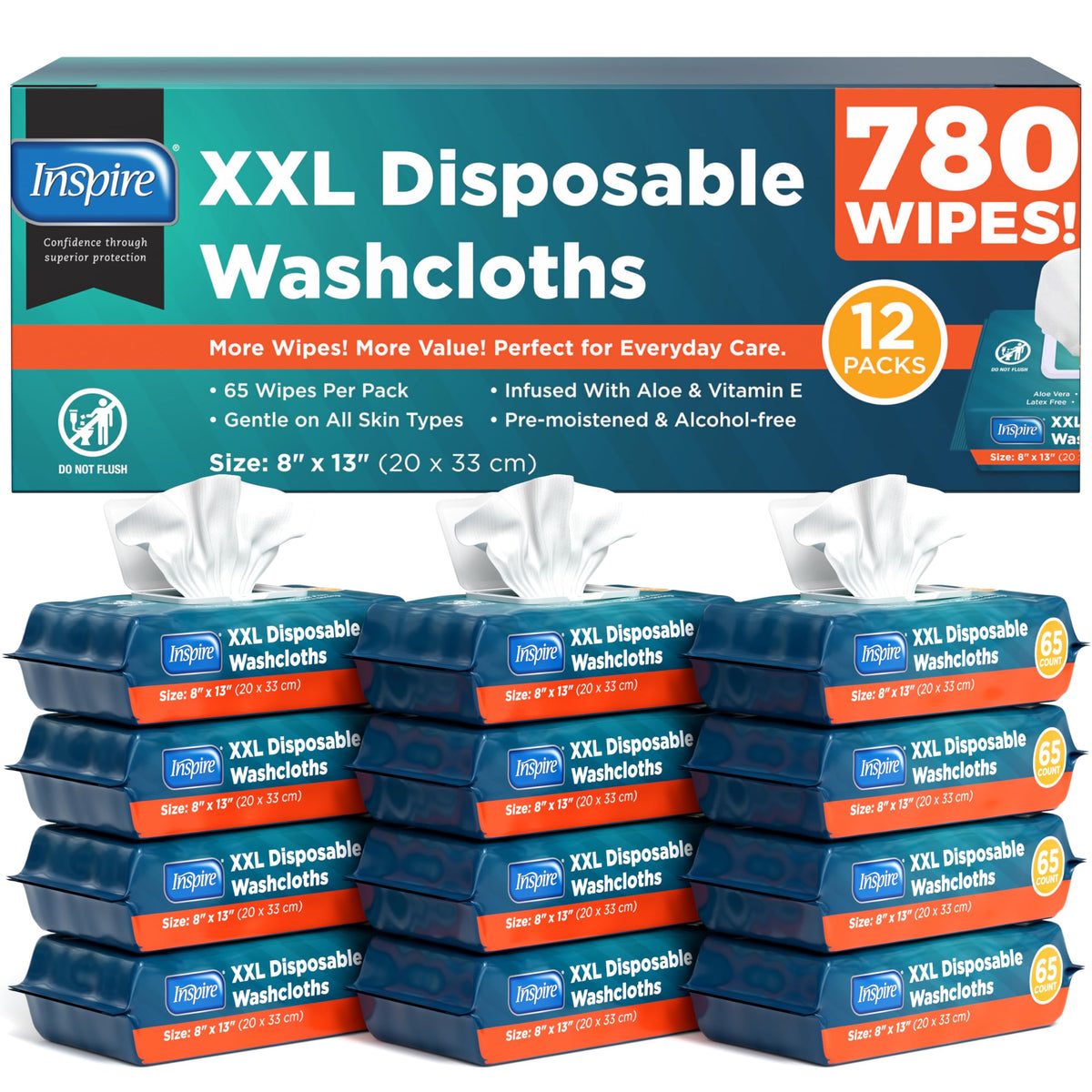 Inspire Adult Wet Wipes, Wash Cloths | Adult Wipes for Incontinence & Cleansing for Elderly, 8"x12" Count 12 packs of 50